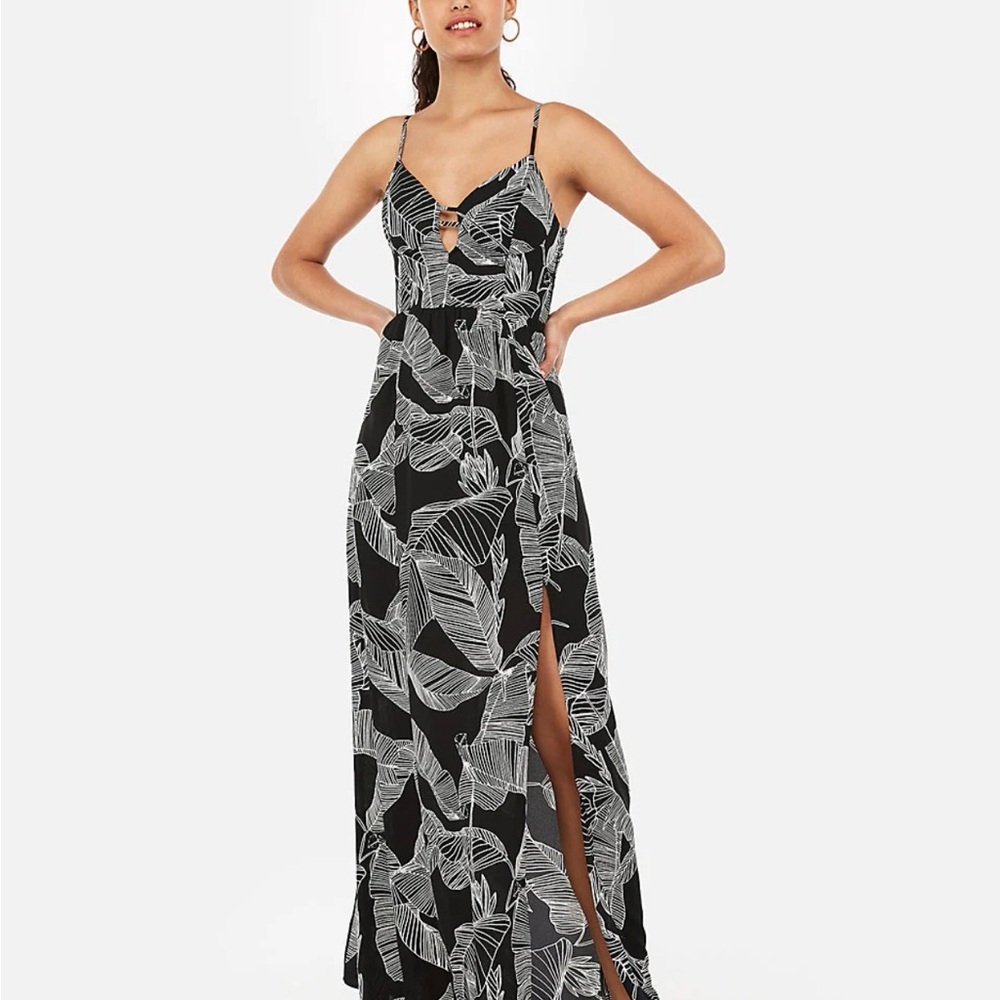 Express black and white tropical maxi dress with side slit and adjustable straps